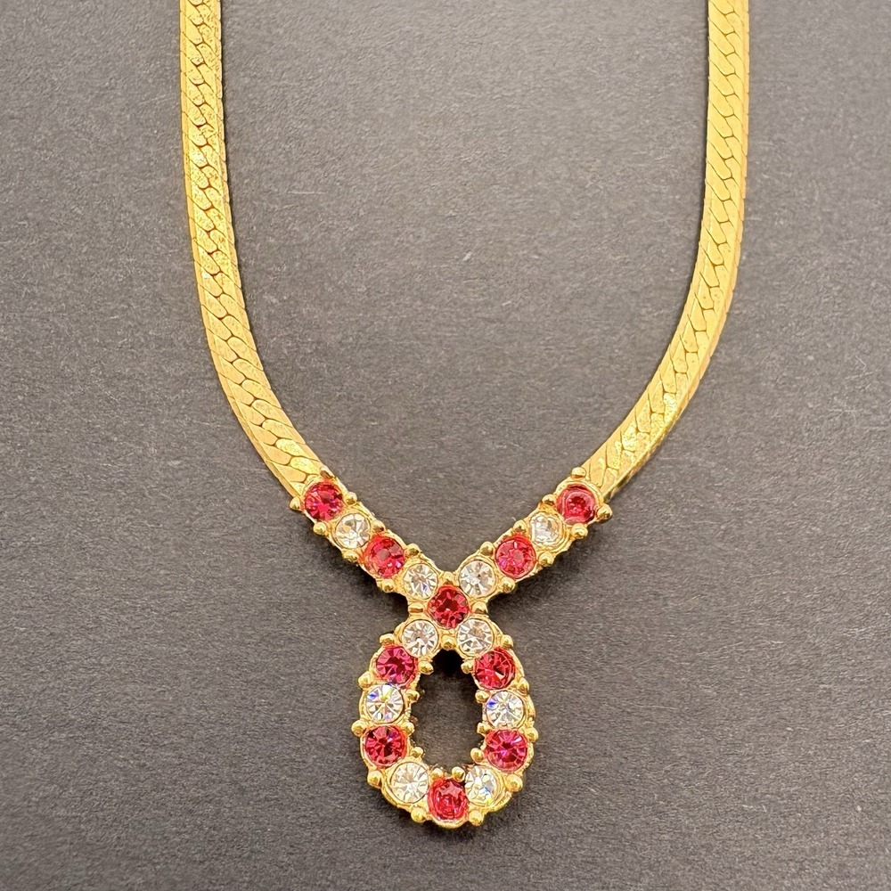Vintage Avon Red Clear Rhinestones‎ Infinity Loop Herringbone Necklace 17"